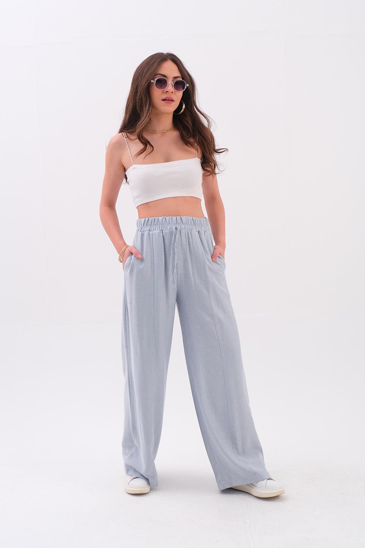 Önü Çimalı Diyagonal Pantolon - Mavi