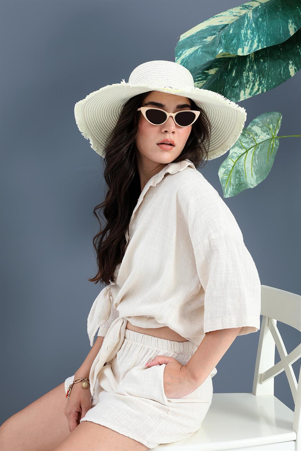 Pamuk Keten Şort Gömlek Kadın İkili Takım - Taş