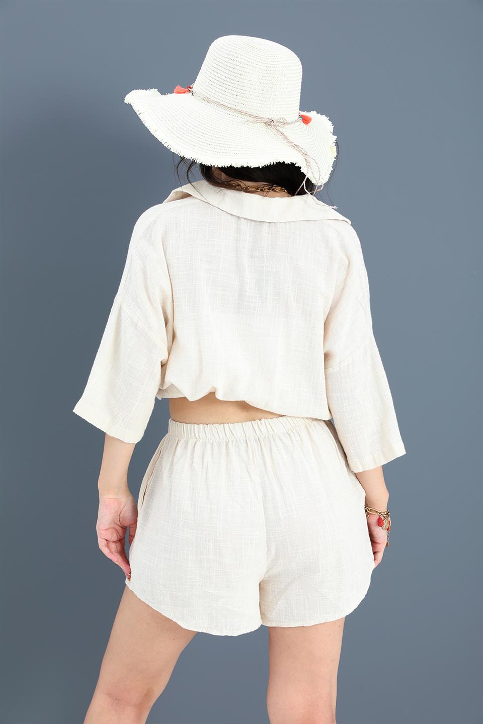 Pamuk Keten Şort Gömlek Kadın İkili Takım - Taş