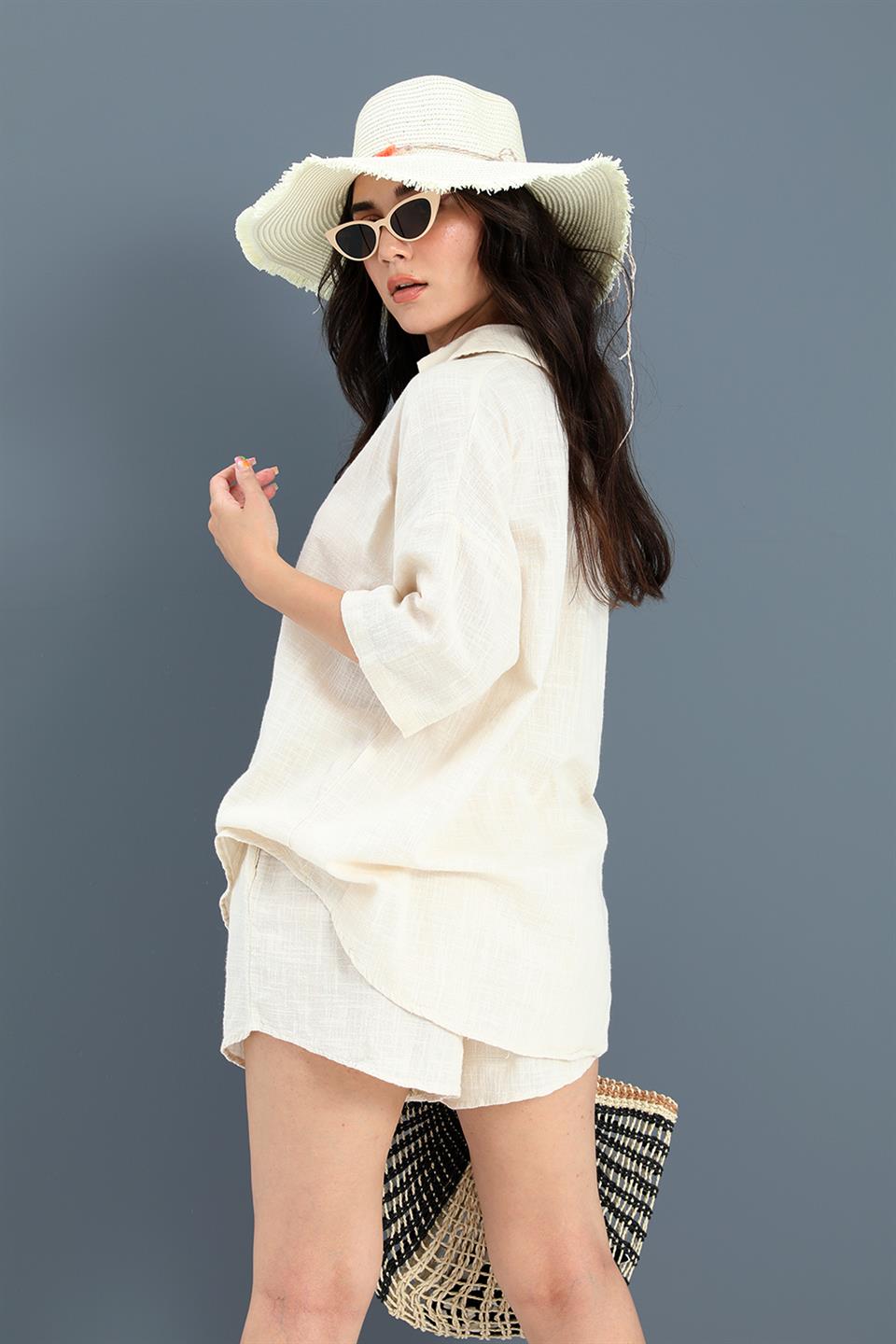 Pamuk Keten Şort Gömlek Kadın İkili Takım - Taş