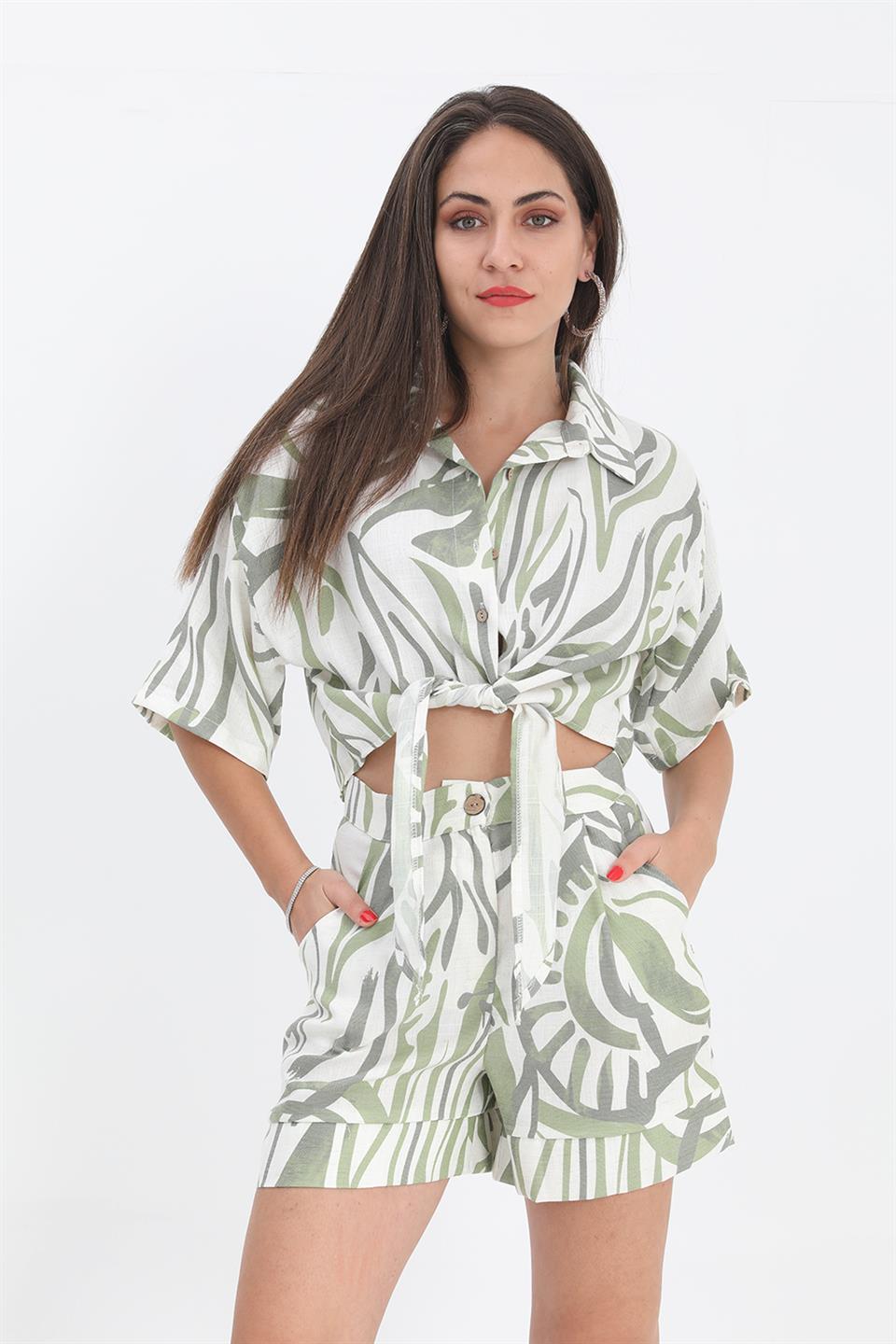 Şort Yüksek Bel Baskılı Keten - Yeşil