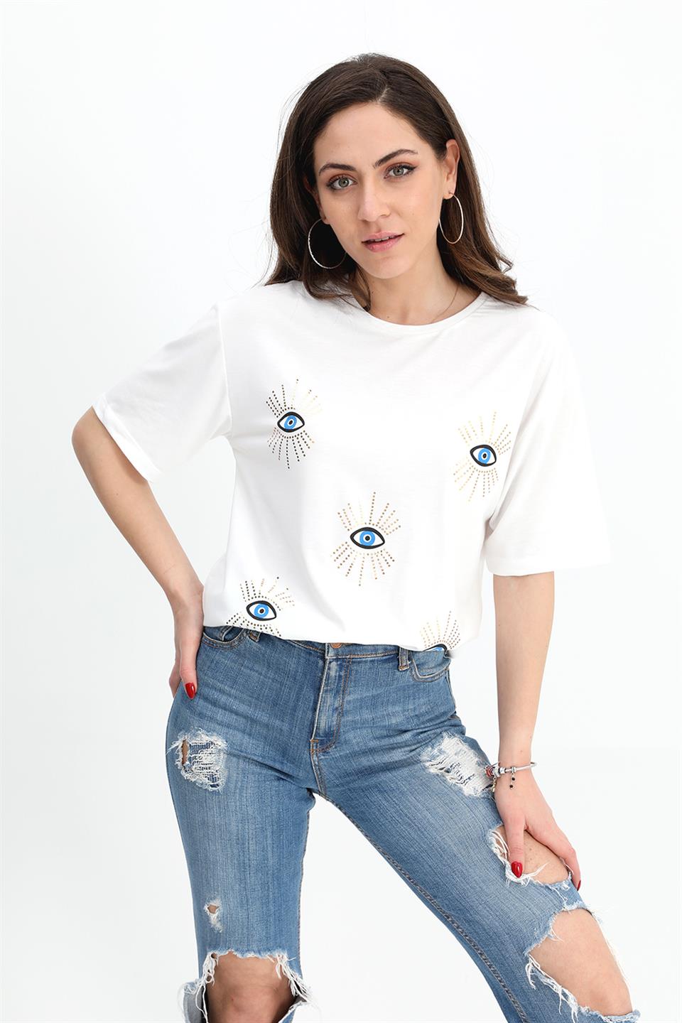 T-shirt Bisiklet Yaka Göz Baskılı - Ekru