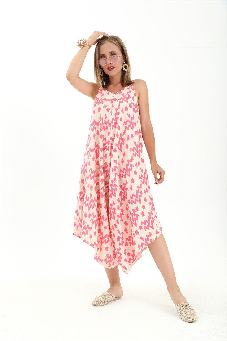 Tulum Ayarlanabilir Askılı Keten Desenli - Fuşya