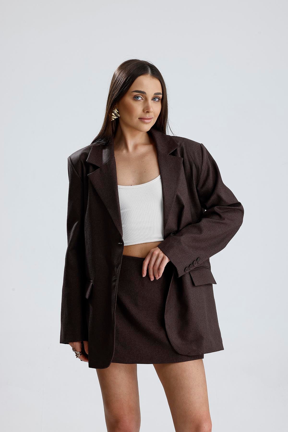 Üç Cepli Önü Düğmeli Oversize Blazer Ceket - Kahverengi