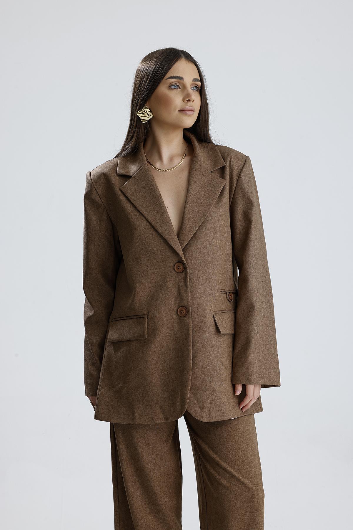 Üç Cepli Önü Düğmeli Oversize Blazer Ceket - Açık Kahve