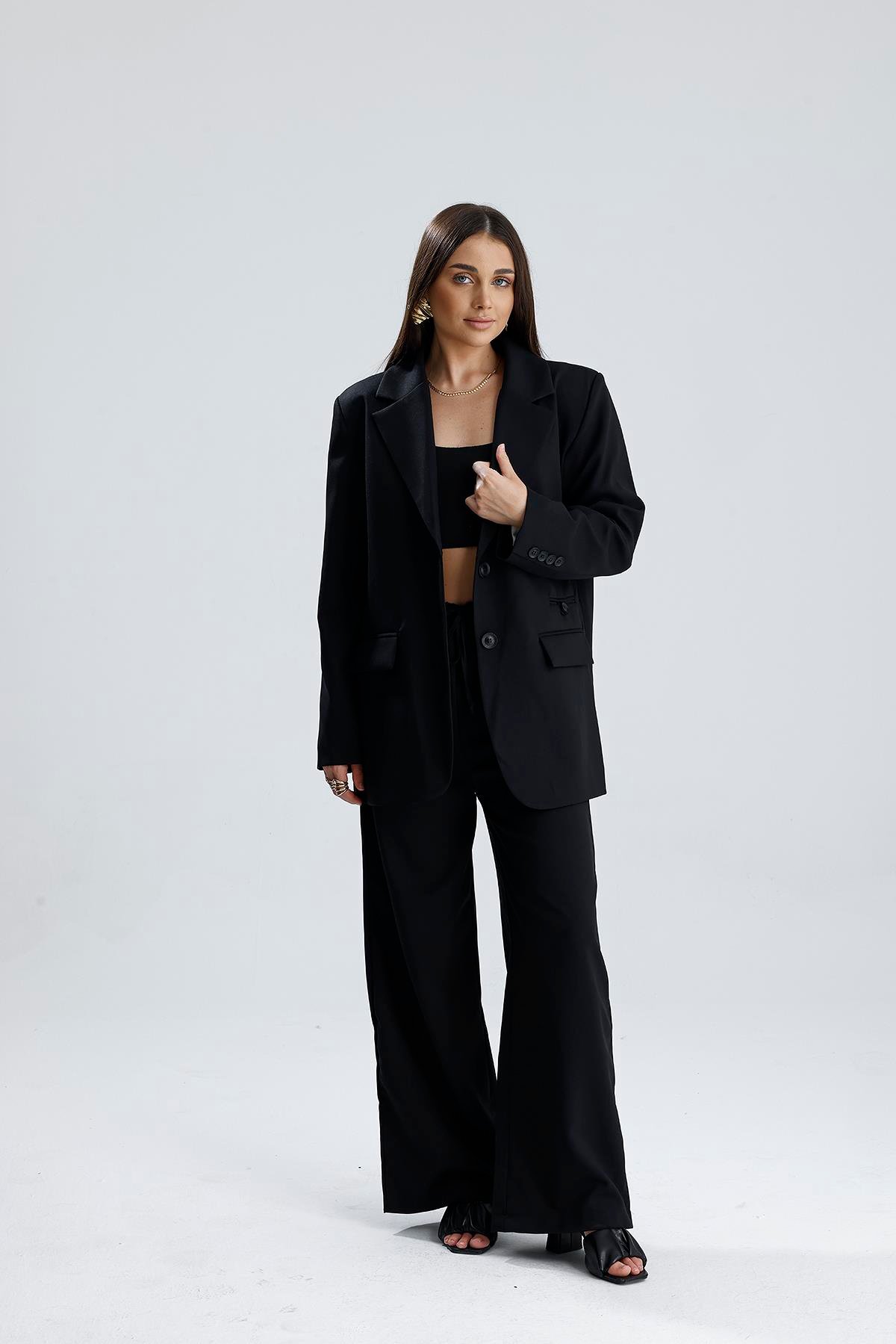 Üç Cepli Önü Düğmeli Oversize Blazer Ceket - Siyah