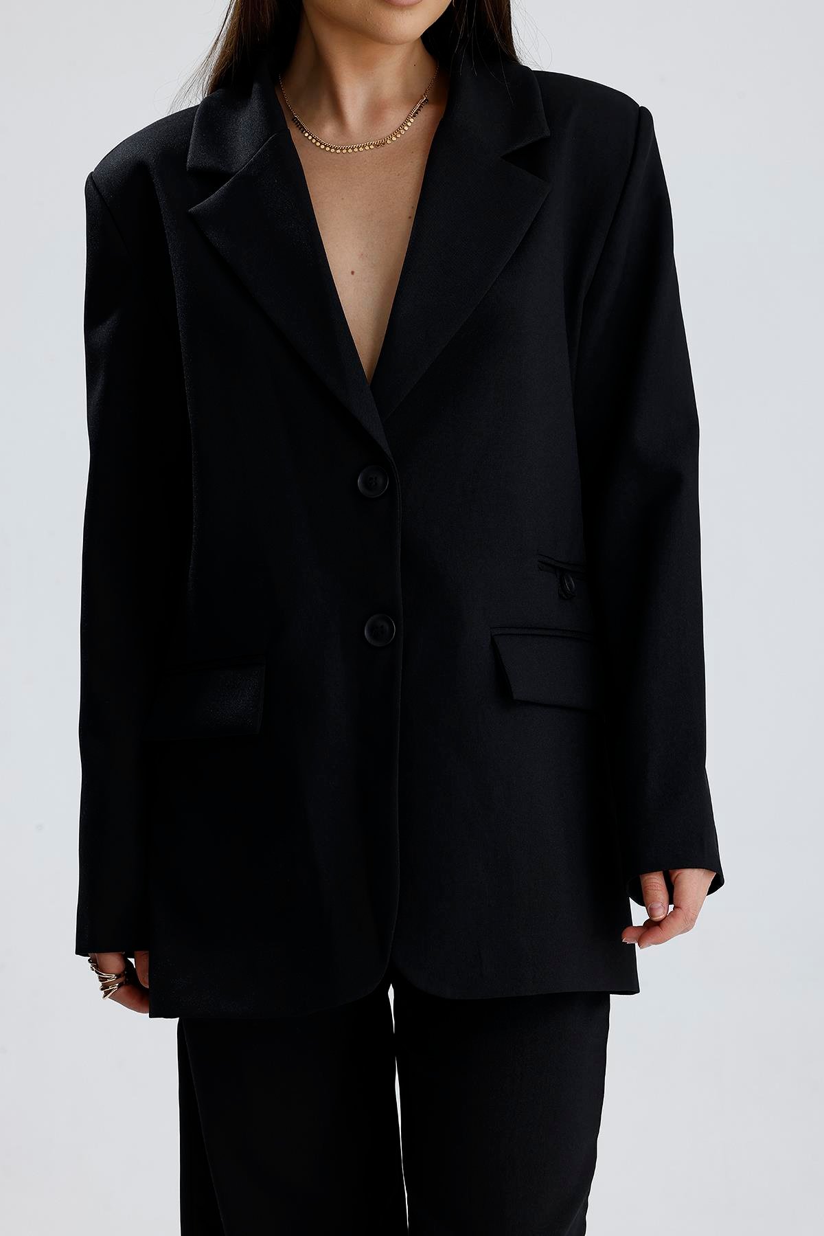 Üç Cepli Önü Düğmeli Oversize Blazer Ceket - Siyah