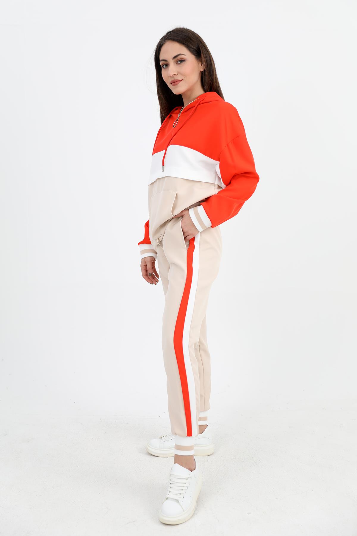 Üç Renk Fermuarlı Kapüşonlu Eşofman Takımı - Turuncu