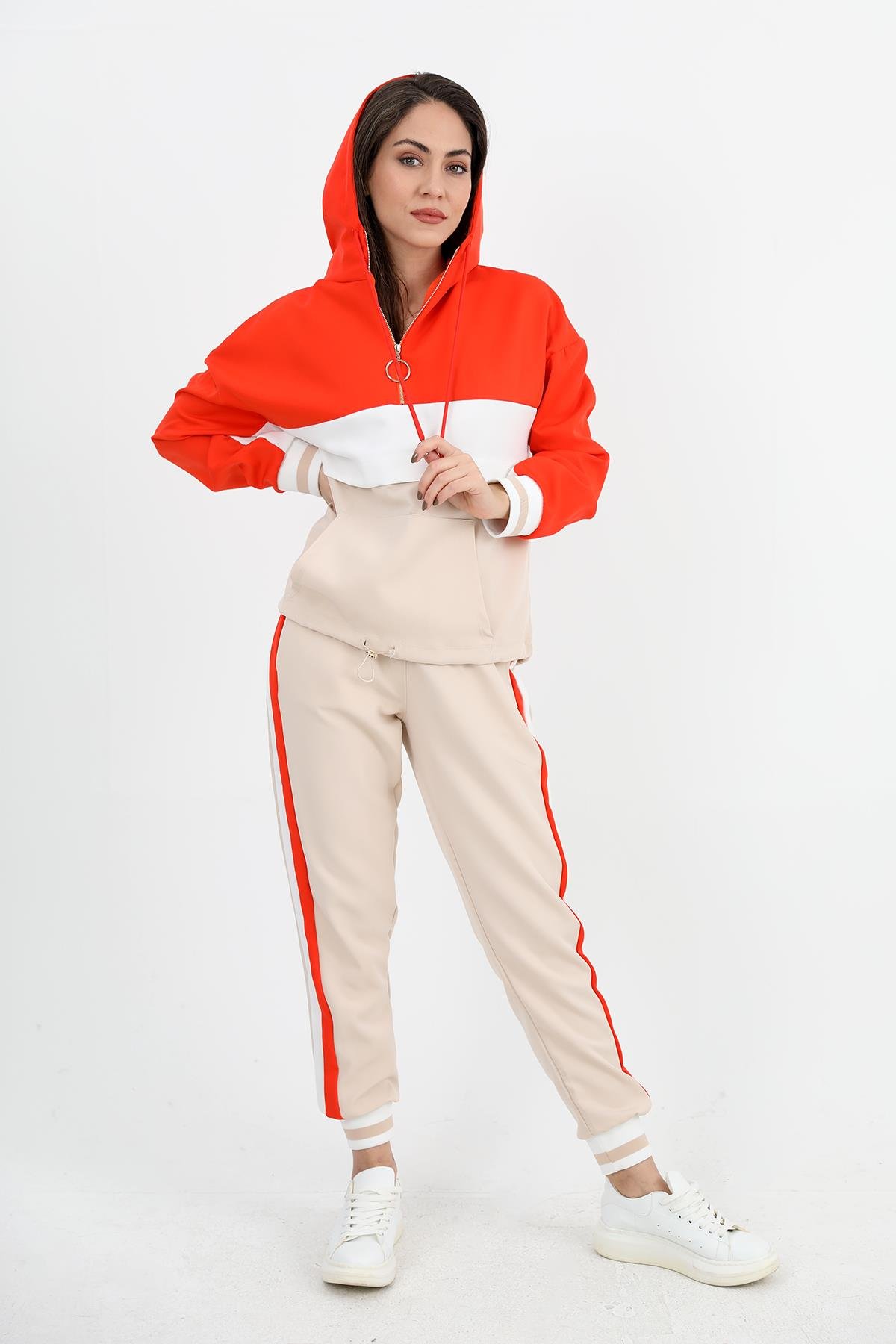 Üç Renk Fermuarlı Kapüşonlu Eşofman Takımı - Turuncu