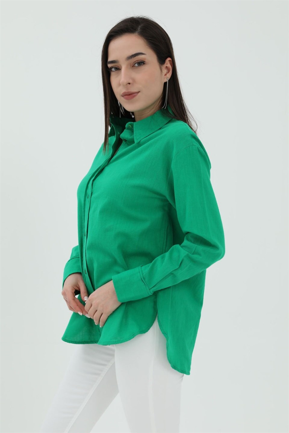 Uzun Kol Oversize Basic Gömlek - Yeşil