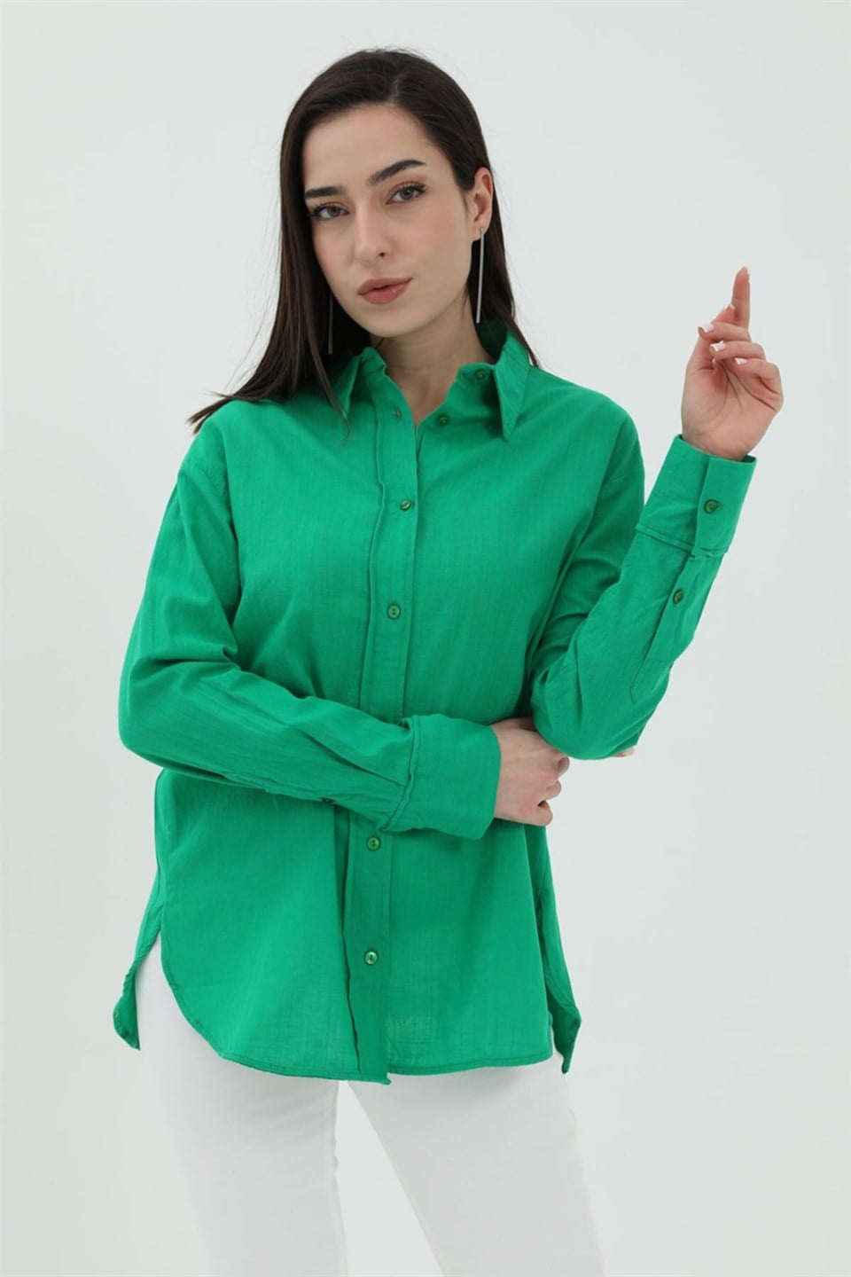 Uzun Kol Oversize Basic Gömlek - Yeşil