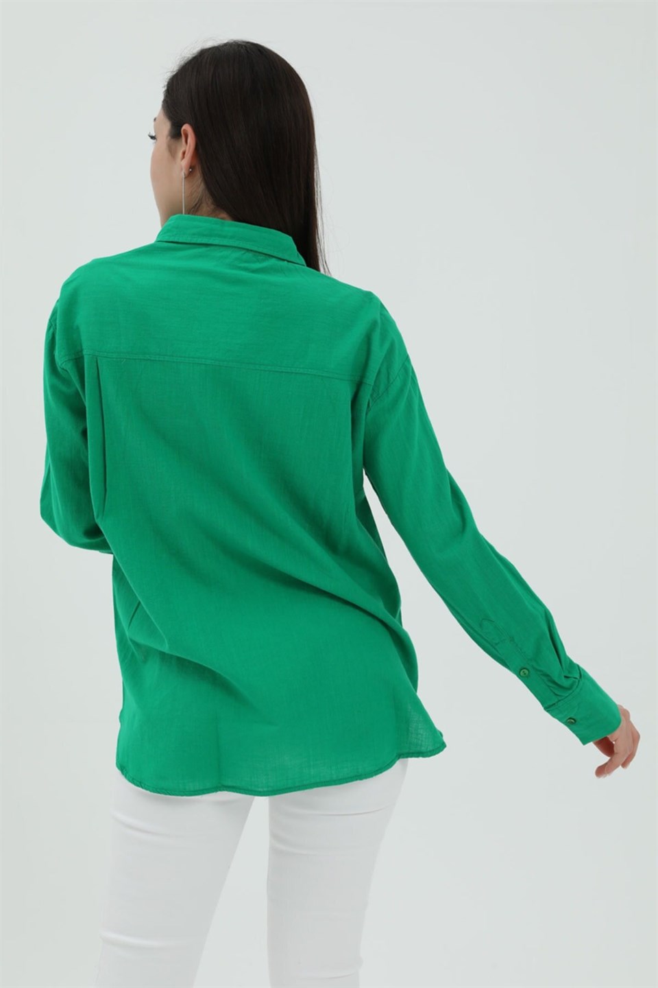Uzun Kol Oversize Basic Gömlek - Yeşil