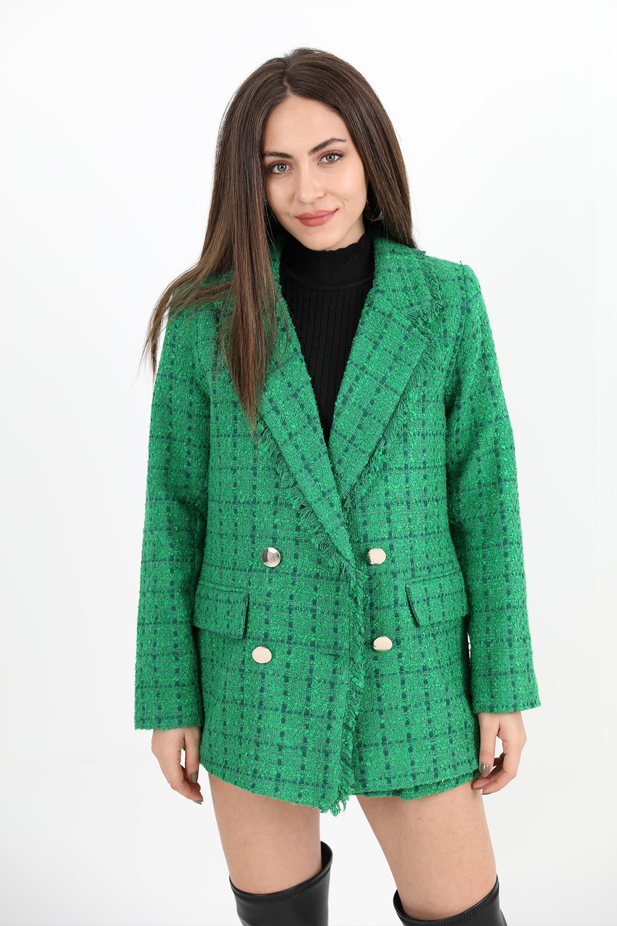 Yakası Püsküllü Düğmeli Tüvit Blazer Ceket - Yeşil