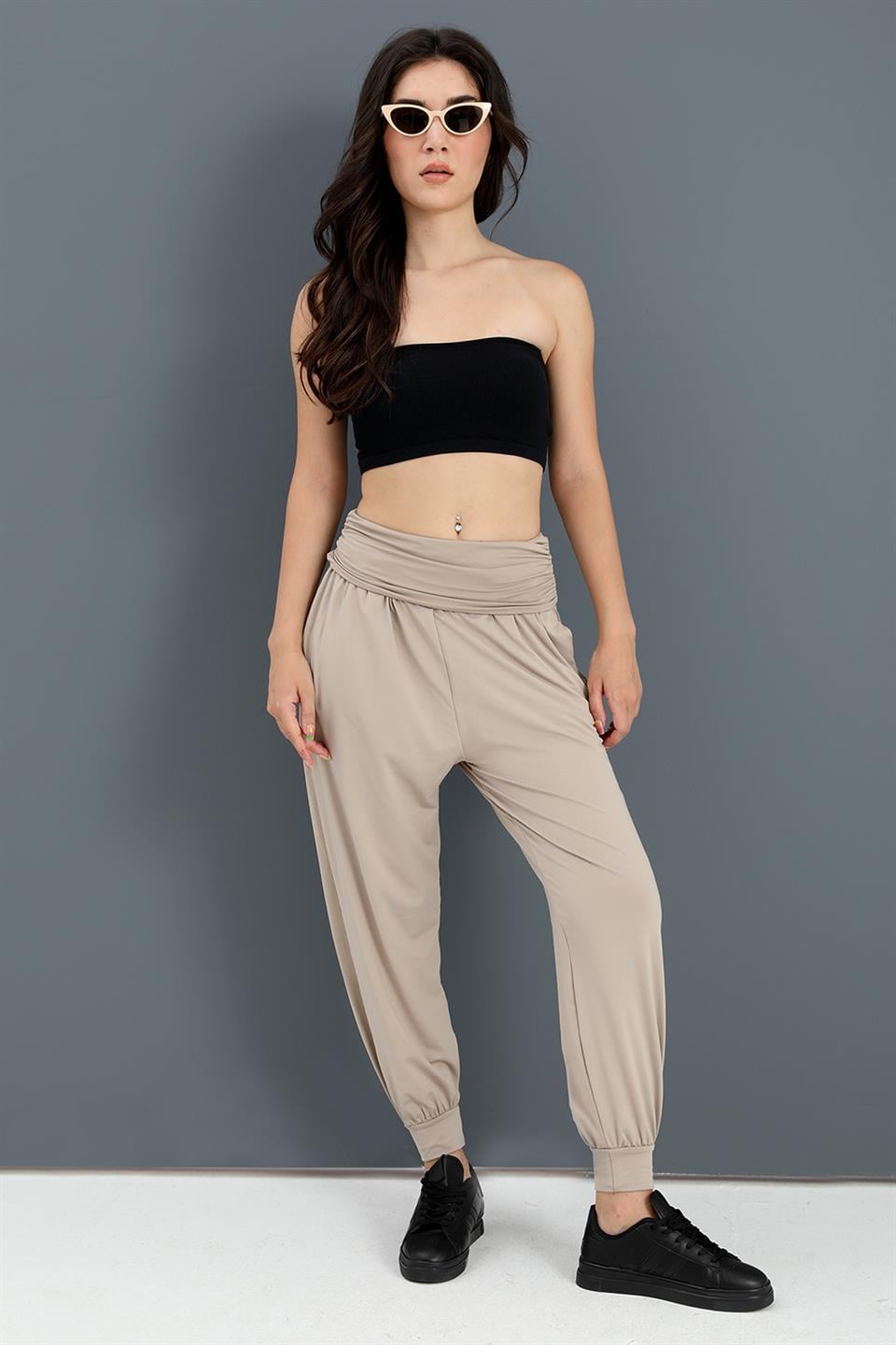 Yüksek Bel Cepli Jogger Pantolon - Bej
