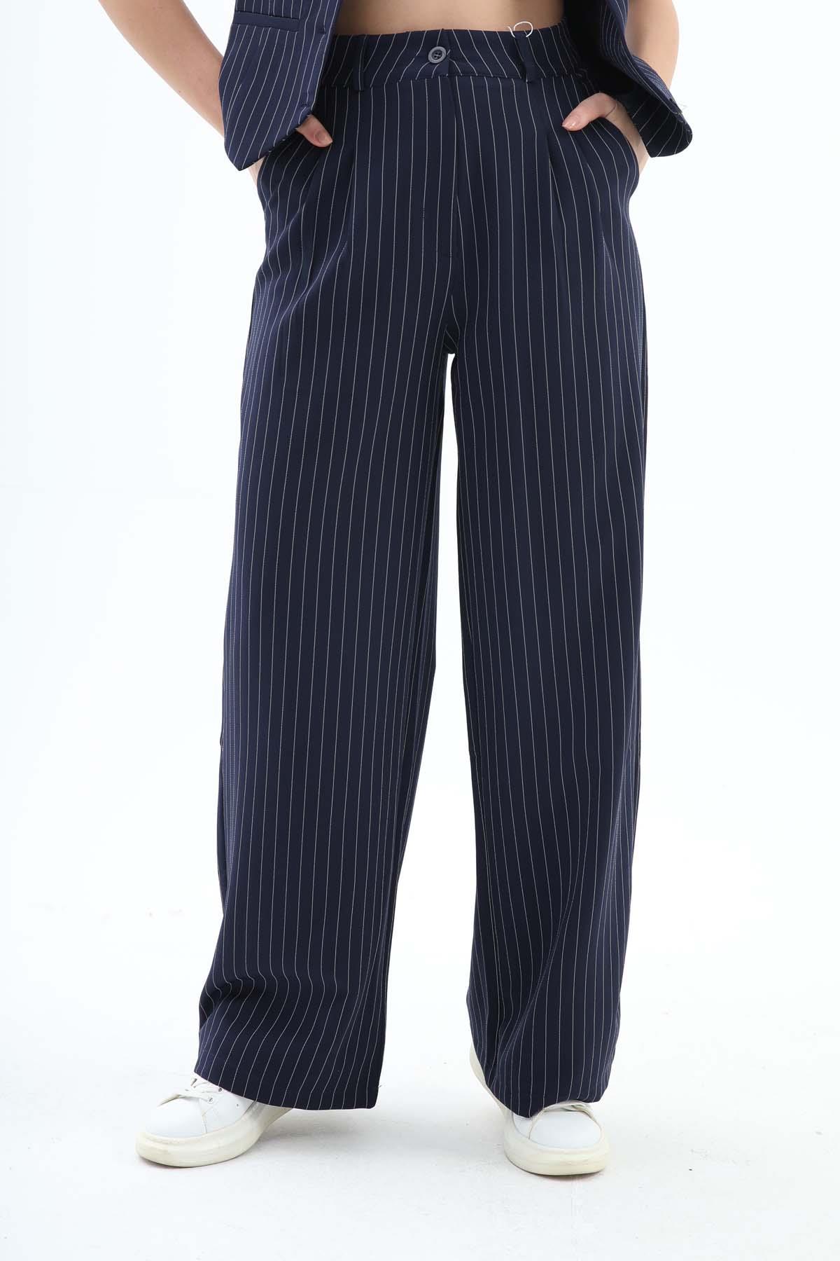 Yüksek Bel Çizgili Palazzo Pantolon - Lacivert