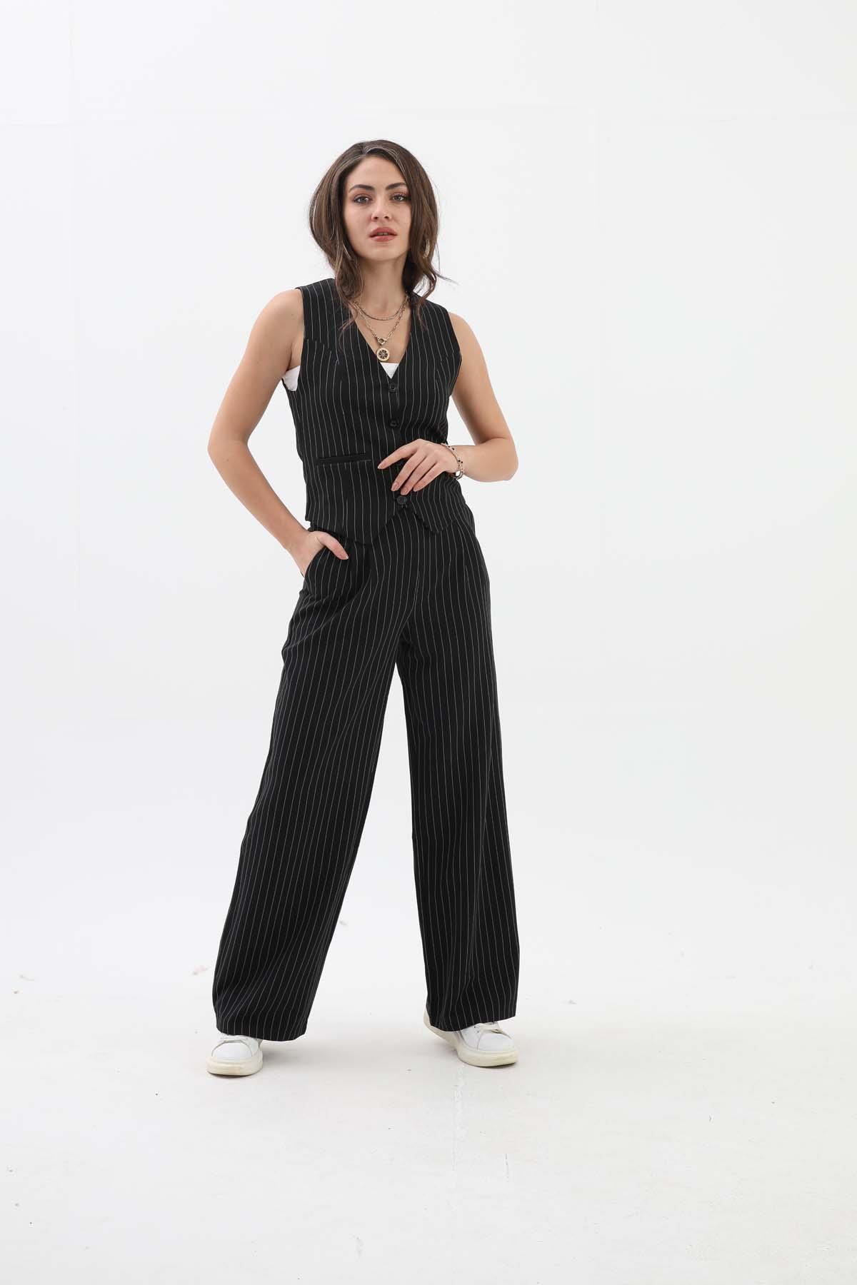 Yüksek Bel Çizgili Palazzo Pantolon - Siyah