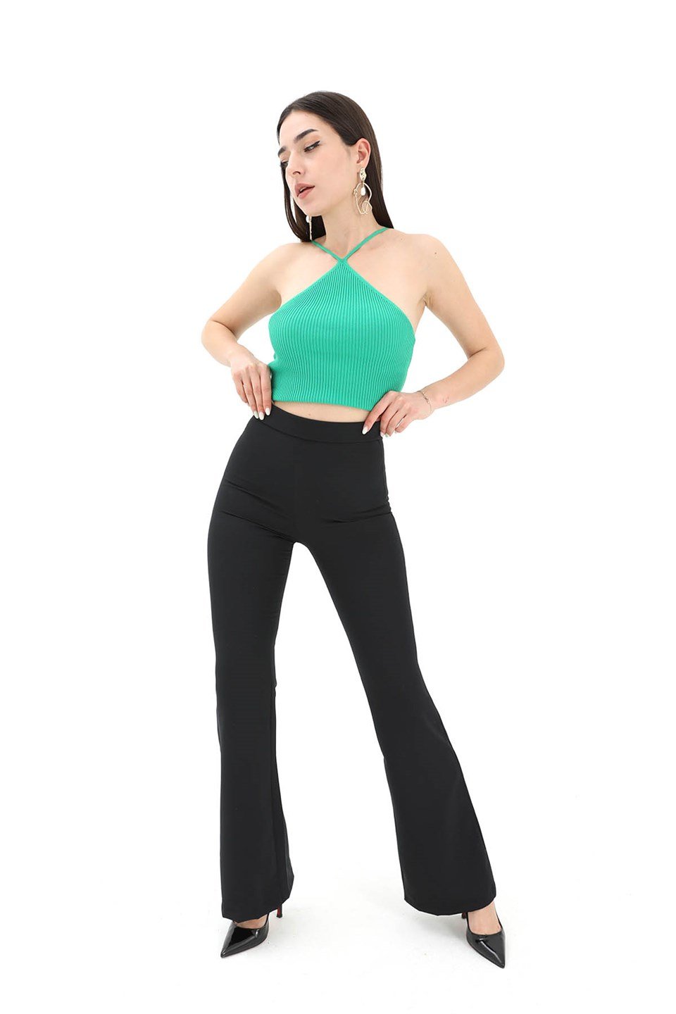 Yüksek Bel Gizli Fermuarlı İspanyol Paça Atlas Kumaş Pantolon - Siyah