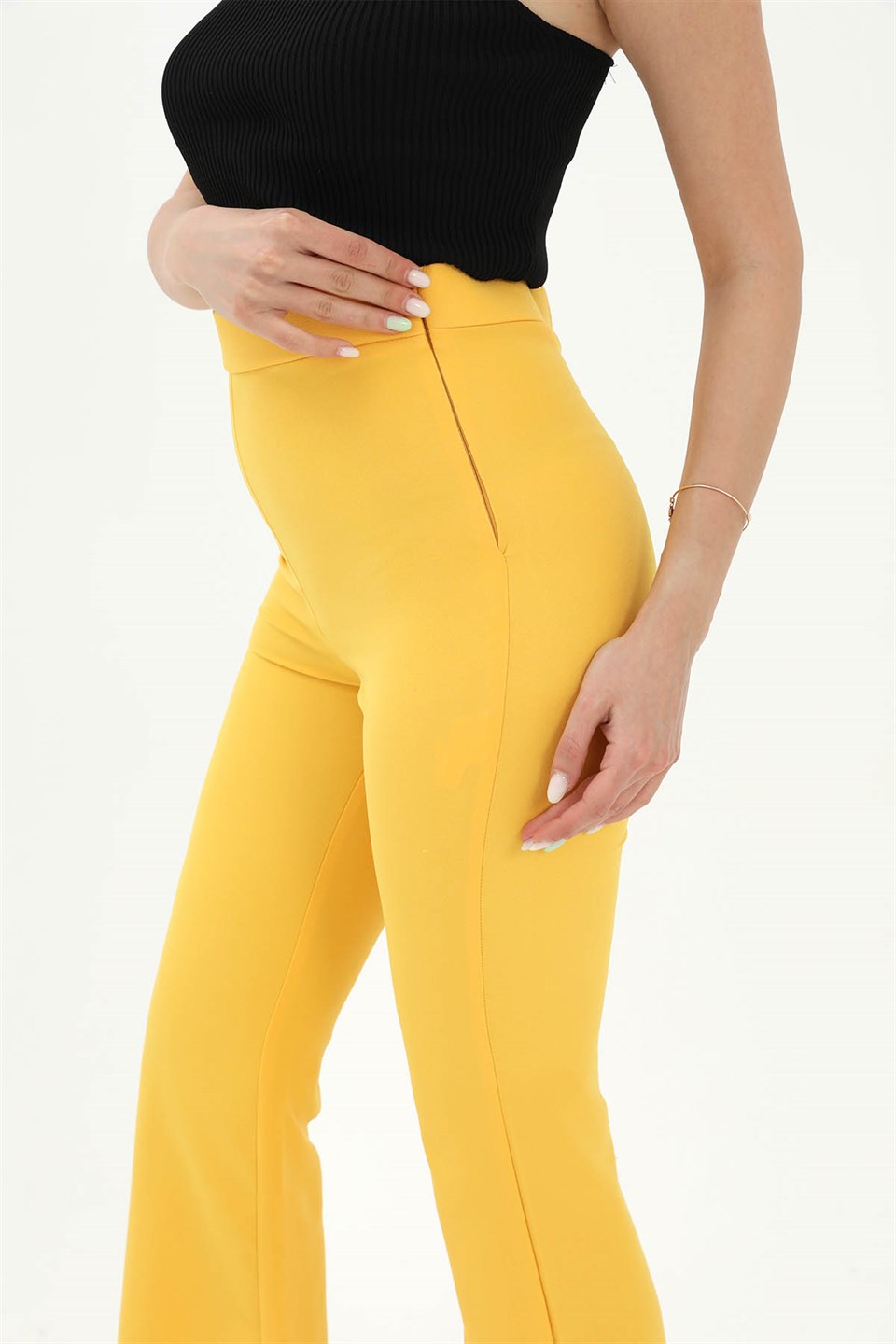 Yüksek Bel Gizli Fermuarlı İspanyol Paça Atlas Kumaş Pantolon - Sarı