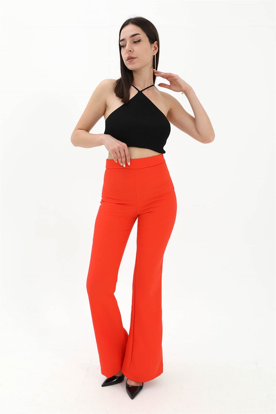 Yüksek Bel Gizli Fermuarlı İspanyol Paça Atlas Kumaş Pantolon - Turuncu