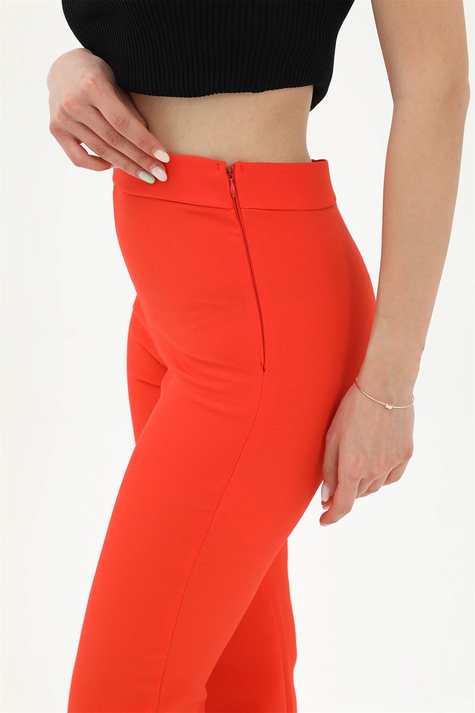 Yüksek Bel Gizli Fermuarlı İspanyol Paça Atlas Kumaş Pantolon - Turuncu