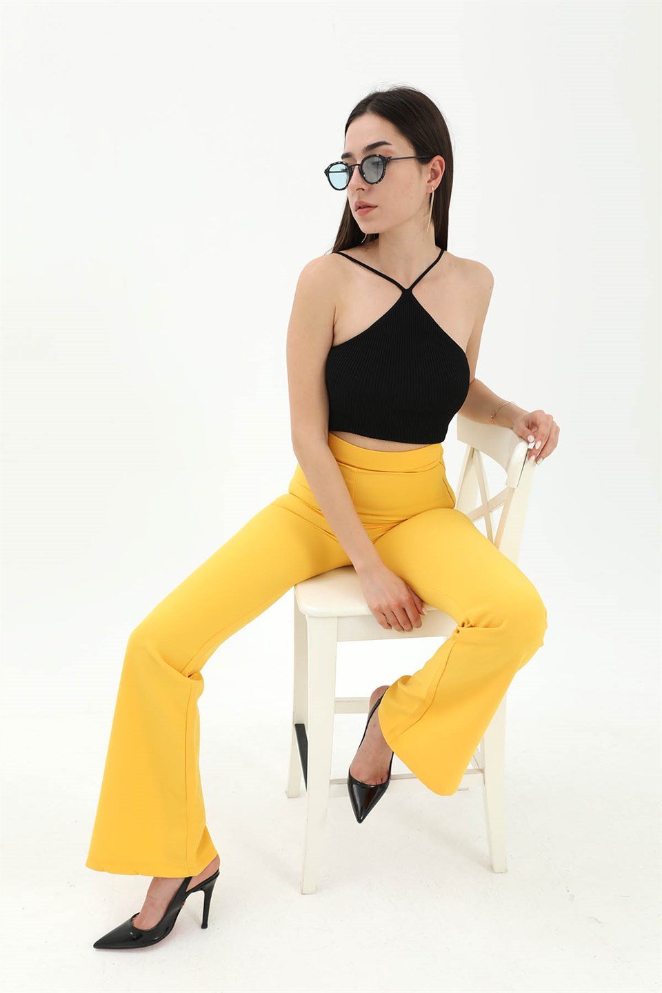 Yüksek Bel Gizli Fermuarlı İspanyol Paça Atlas Kumaş Pantolon - Sarı