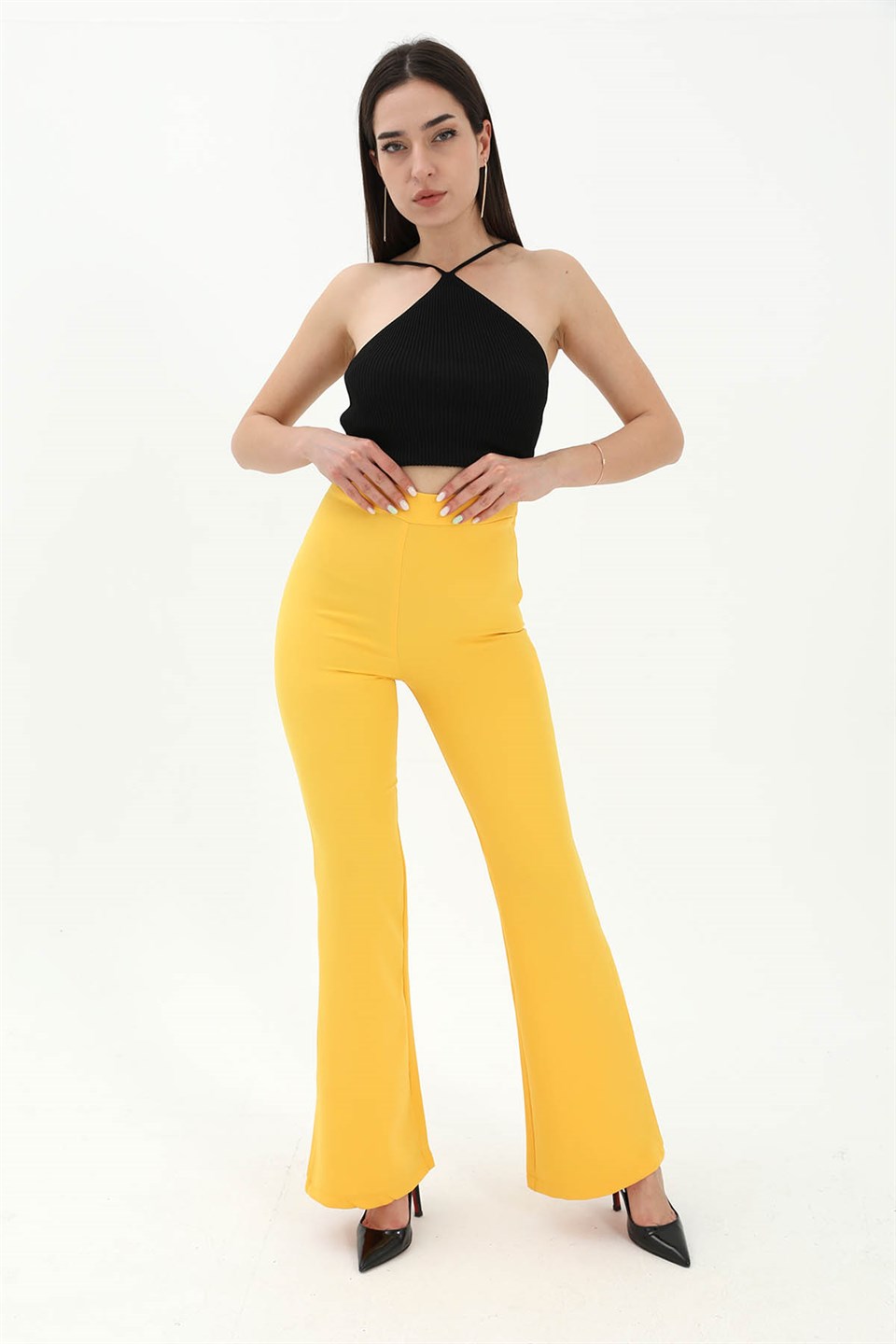 Yüksek Bel Gizli Fermuarlı İspanyol Paça Atlas Kumaş Pantolon - Sarı