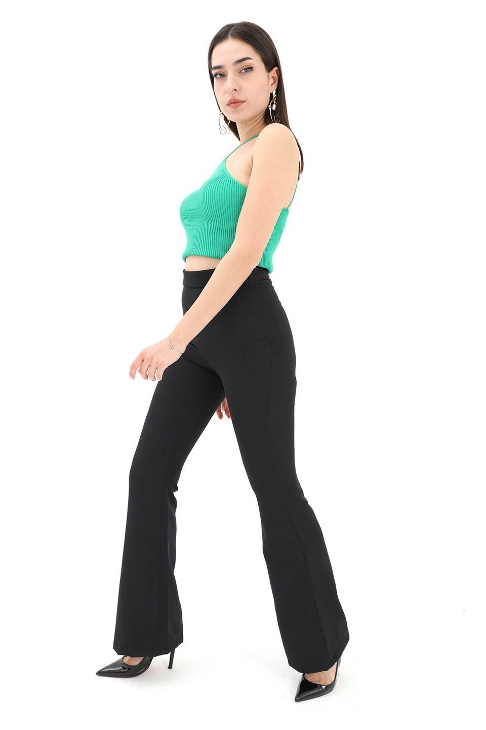 Yüksek Bel Gizli Fermuarlı İspanyol Paça Atlas Kumaş Pantolon - Siyah