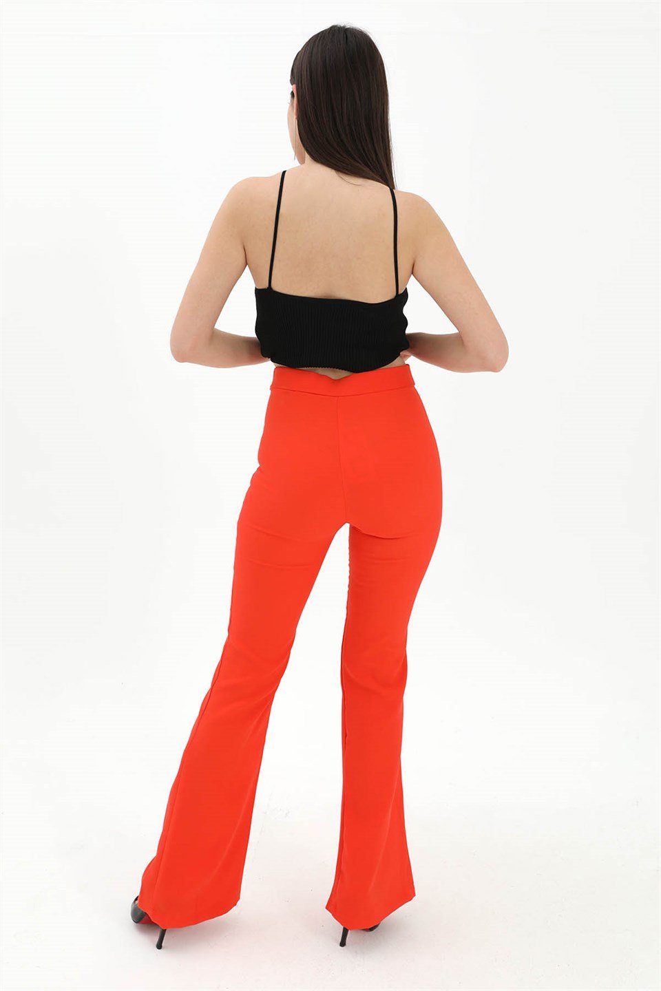 Yüksek Bel Gizli Fermuarlı İspanyol Paça Atlas Kumaş Pantolon - Turuncu