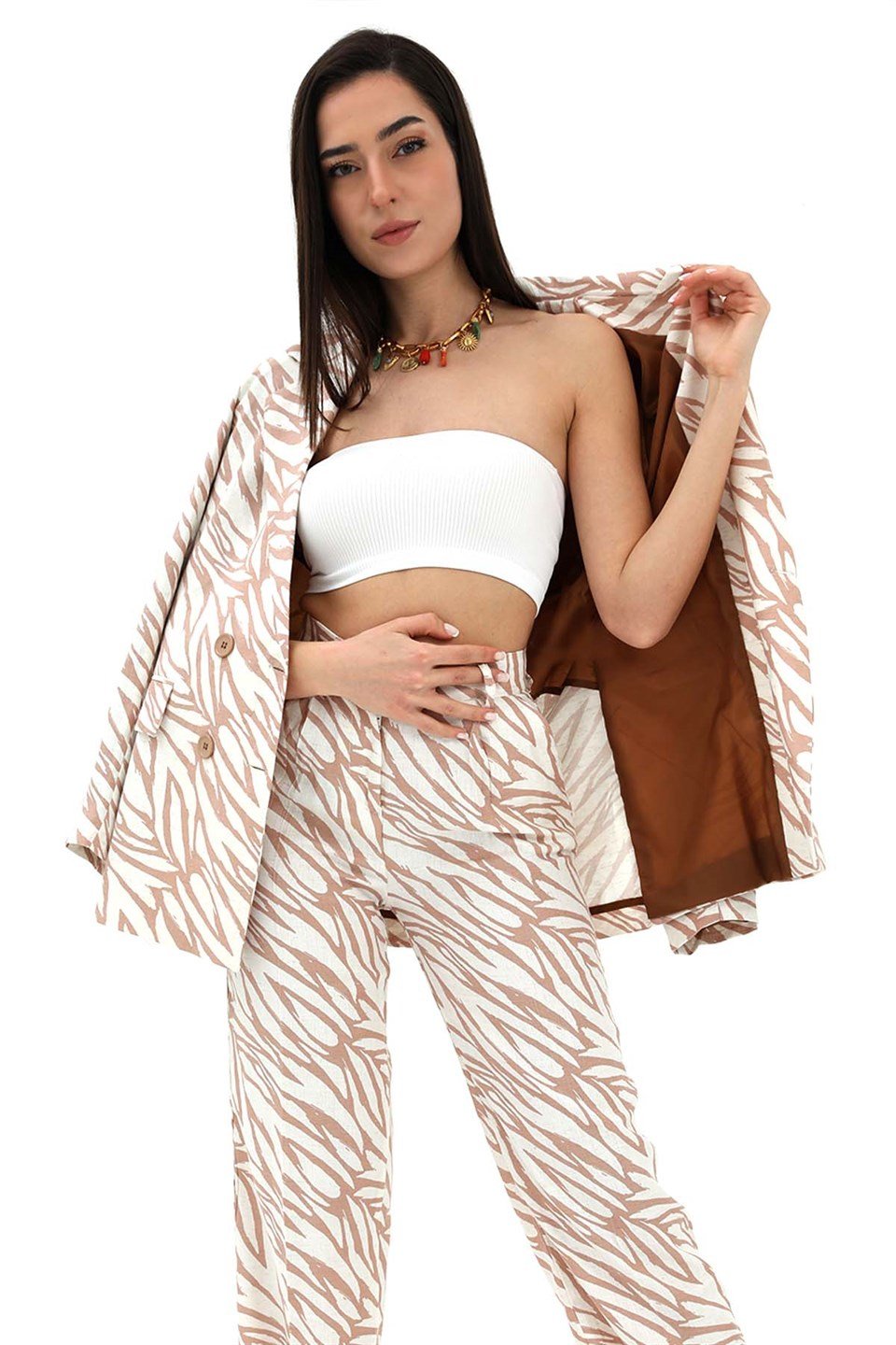 Zebra Desen Oversize Keten Ceket - Bej
