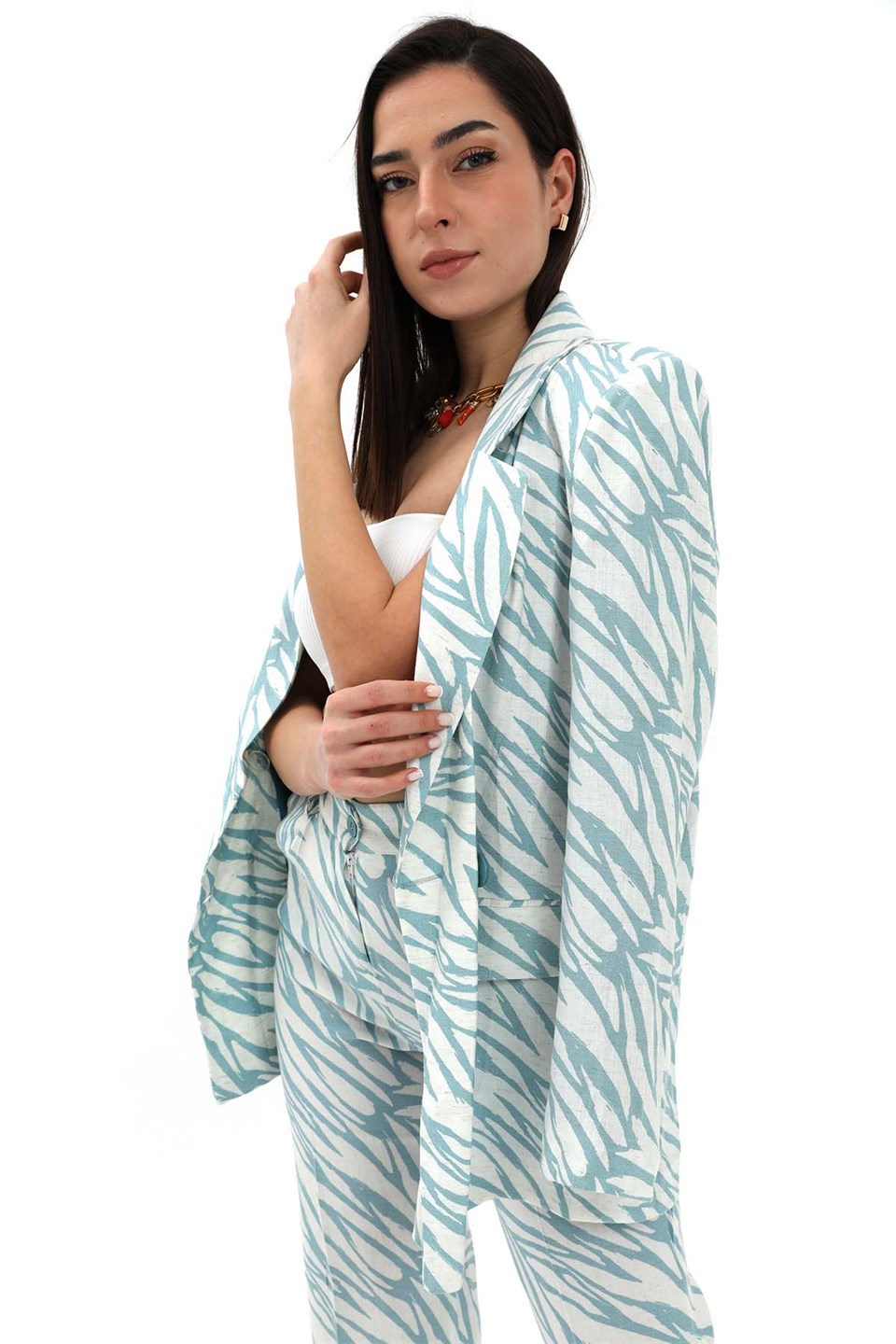 Zebra Desen Oversize Keten Ceket - Mavi