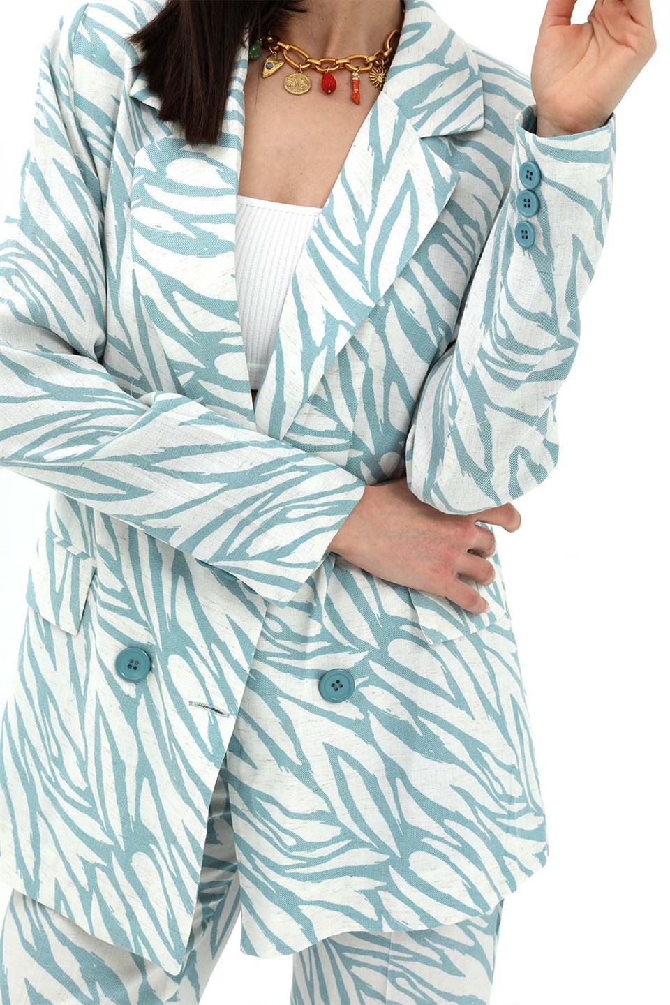 Zebra Desen Oversize Keten Ceket - Mavi