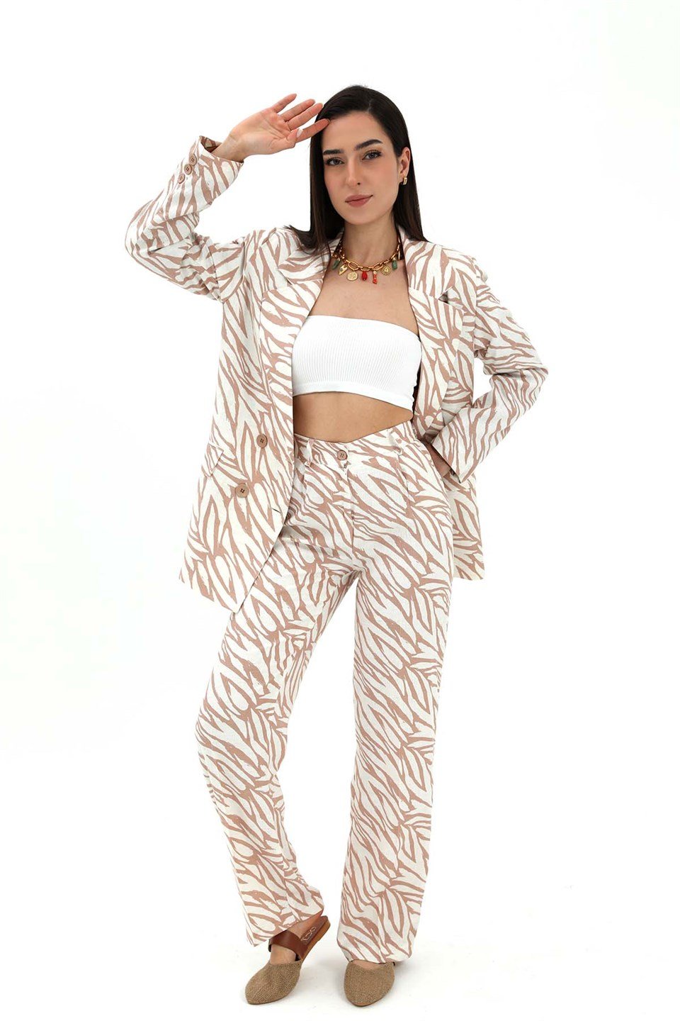 Zebra Desen Yüksek Bel Keten Pantolon - Bej