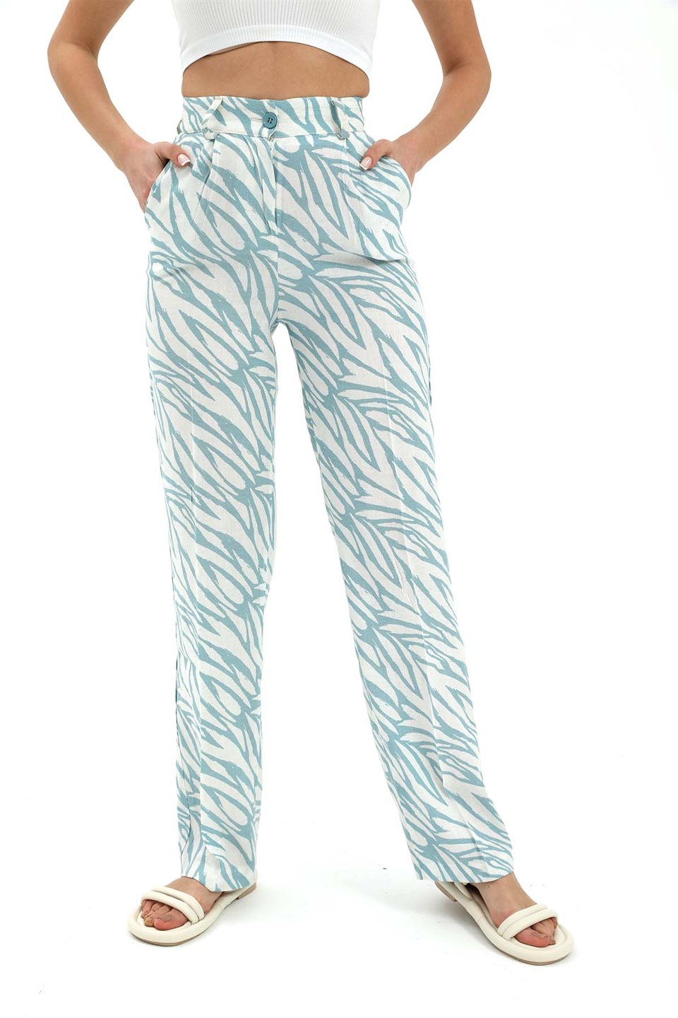 Zebra Desen Yüksek Bel Keten Pantolon - Mavi