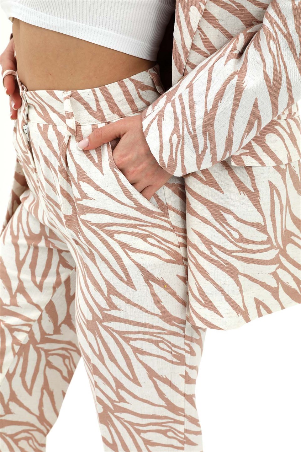 Zebra Desen Yüksek Bel Keten Pantolon - Bej