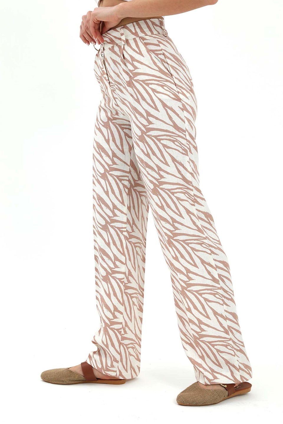 Zebra Desen Yüksek Bel Keten Pantolon - Bej