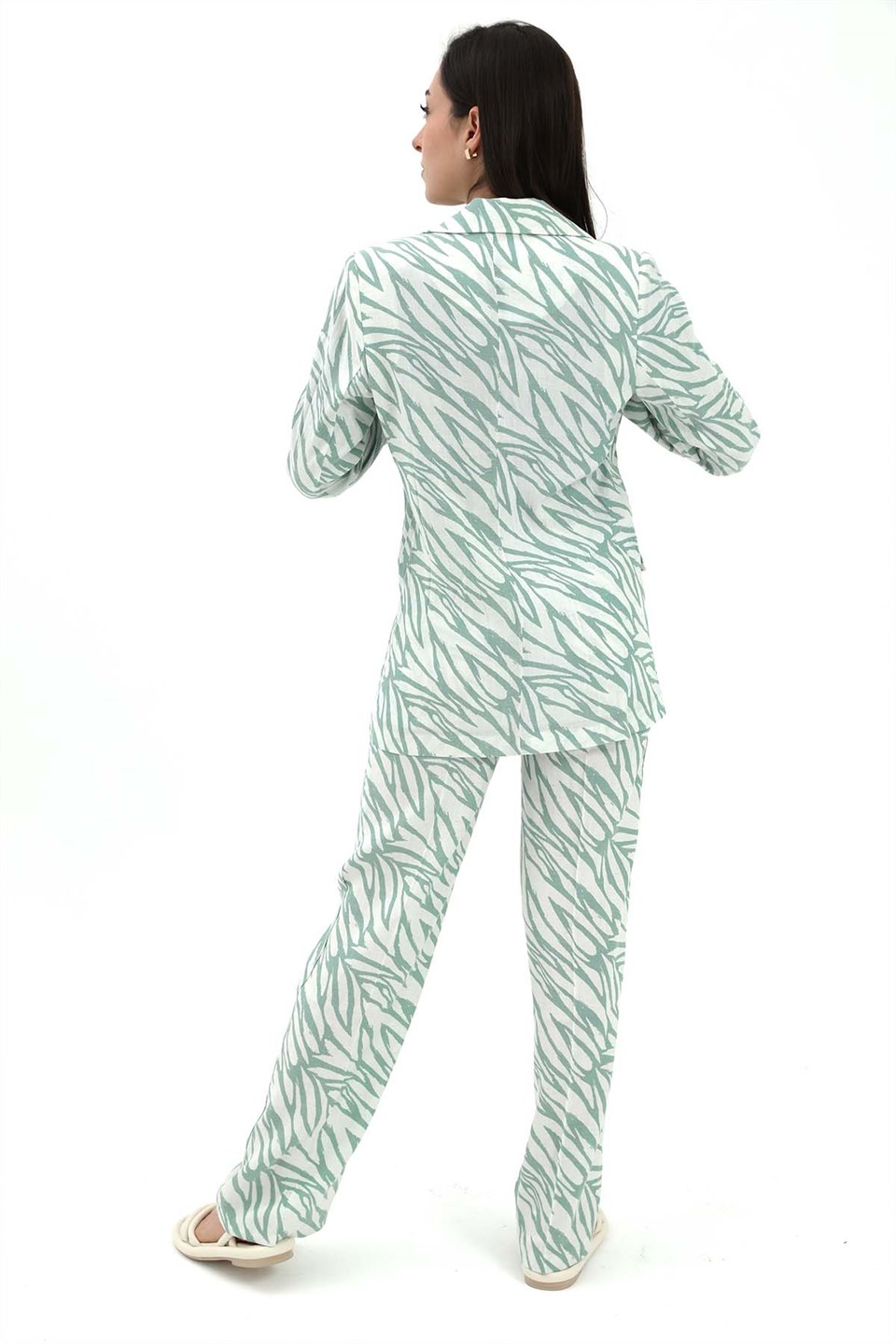Zebra Desen Yüksek Bel Keten Pantolon - Mint Yeşili