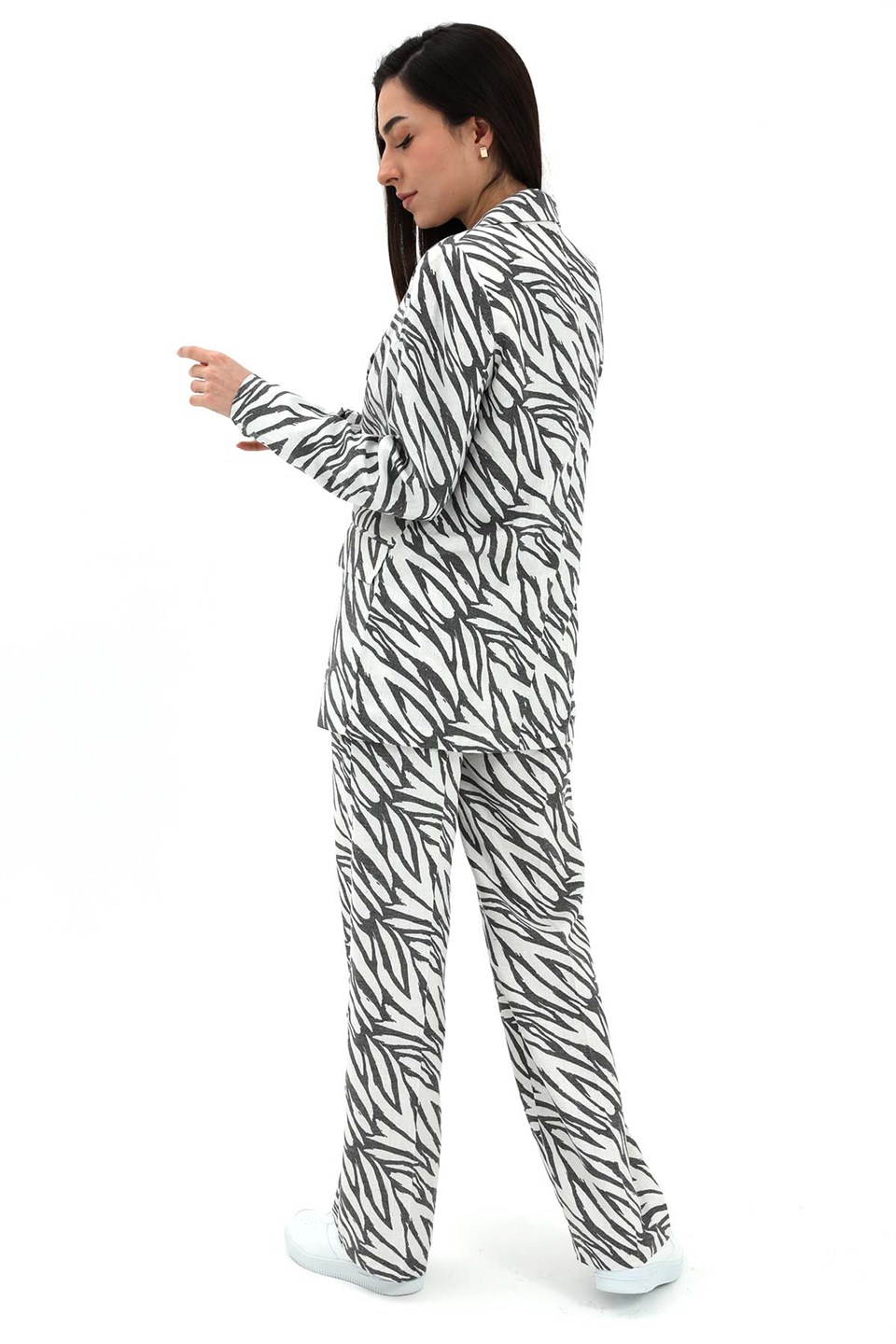 Zebra Desen Yüksek Bel Keten Pantolon - Siyah