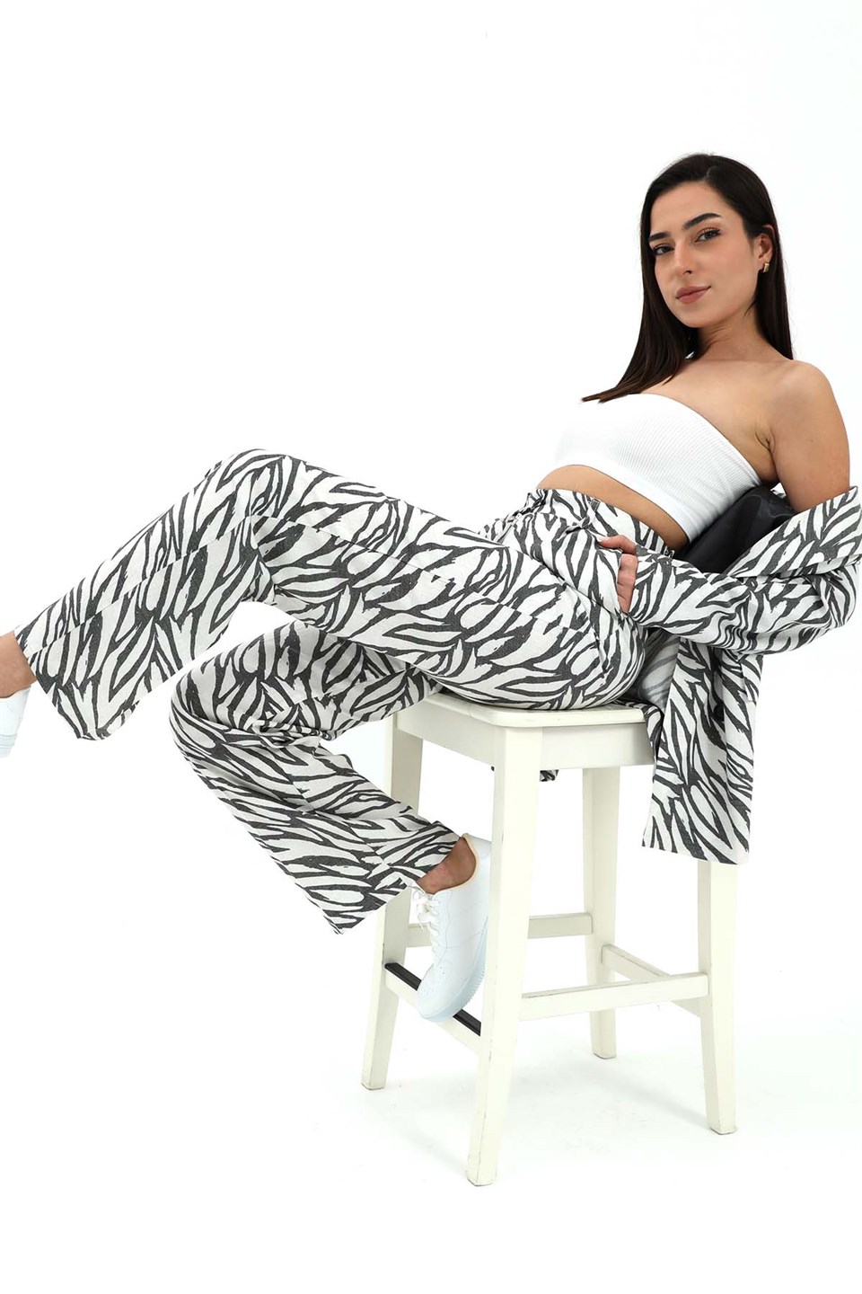 Zebra Desen Yüksek Bel Keten Pantolon - Siyah