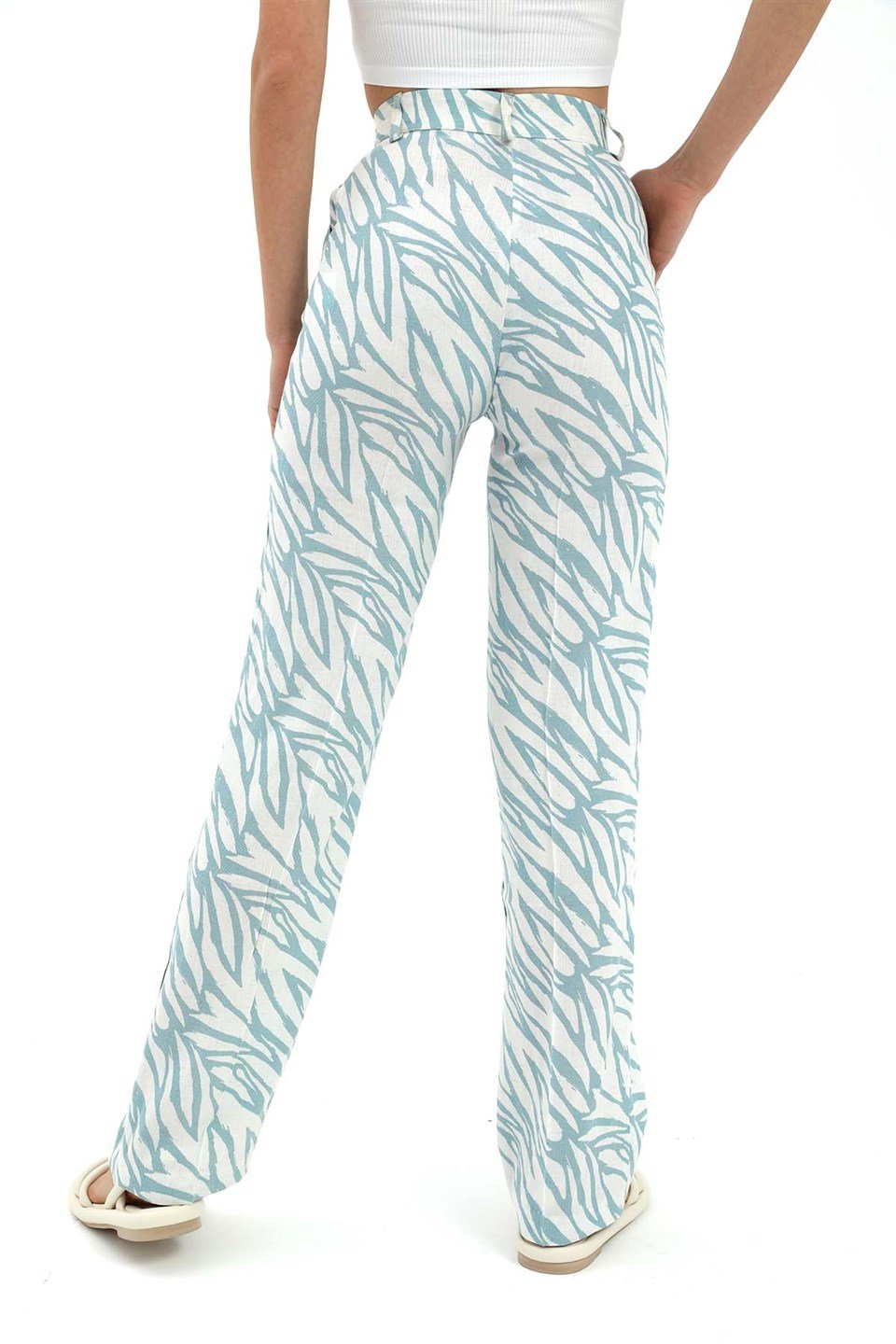 Zebra Desen Yüksek Bel Keten Pantolon - Mavi