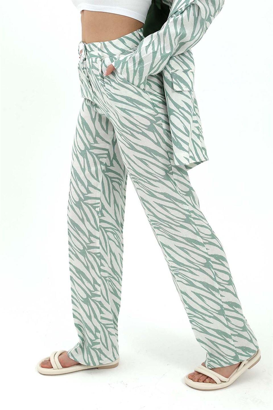 Zebra Desen Yüksek Bel Keten Pantolon - Mint Yeşili