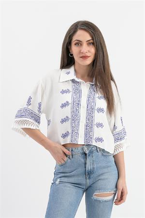 Antik Desenli Kolları Püsküllü Gömlek - SaksMavisi