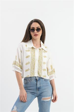 Antik Desenli Kolları Püsküllü Gömlek - Haki