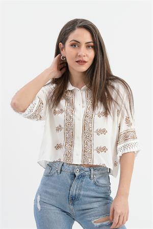 Antik Desenli Kolları Püsküllü Gömlek - Kahverengi