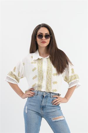 Antik Desenli Kolları Püsküllü Gömlek - Haki