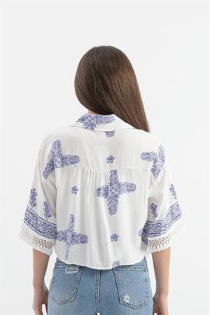 Antik Desenli Kolları Püsküllü Gömlek - SaksMavisi