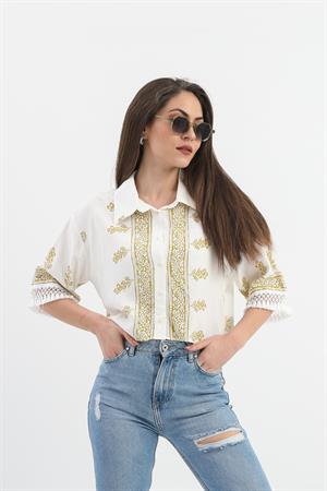 Antik Desenli Kolları Püsküllü Gömlek - Haki