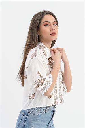 Antik Desenli Kolları Püsküllü Gömlek - Kahverengi