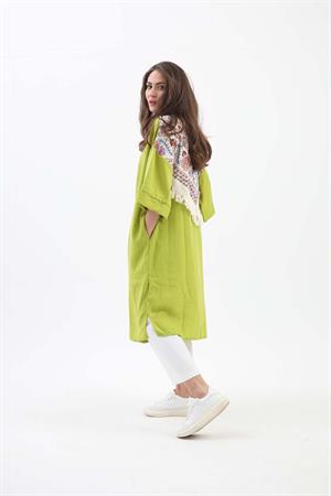 Arkası Baskılı Püsküllü Kimono - Açık Yeşil