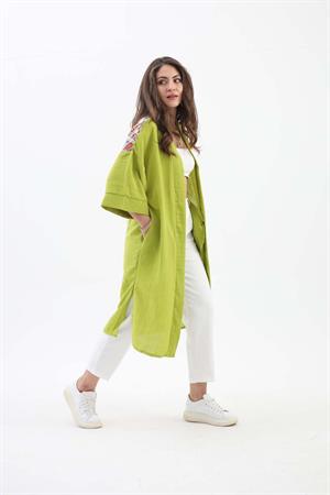 Arkası Baskılı Püsküllü Kimono - Açık Yeşil