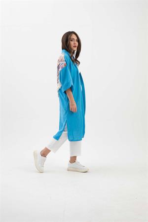 Arkası Baskılı Püsküllü Kimono - Mavi
